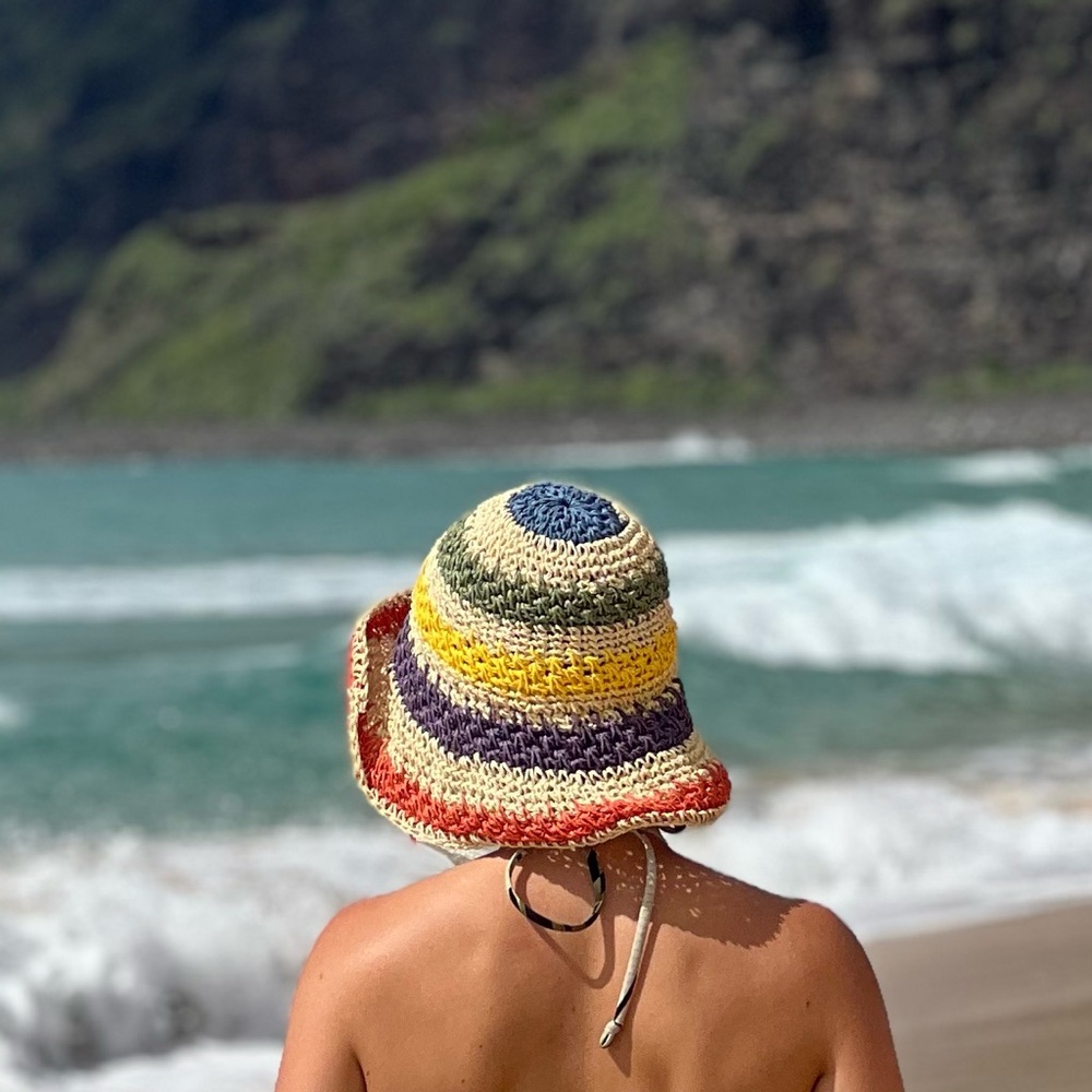 100% STRAW Striped Summer Bucket Sun Hat Women Blue Green Yellow Orange Purple